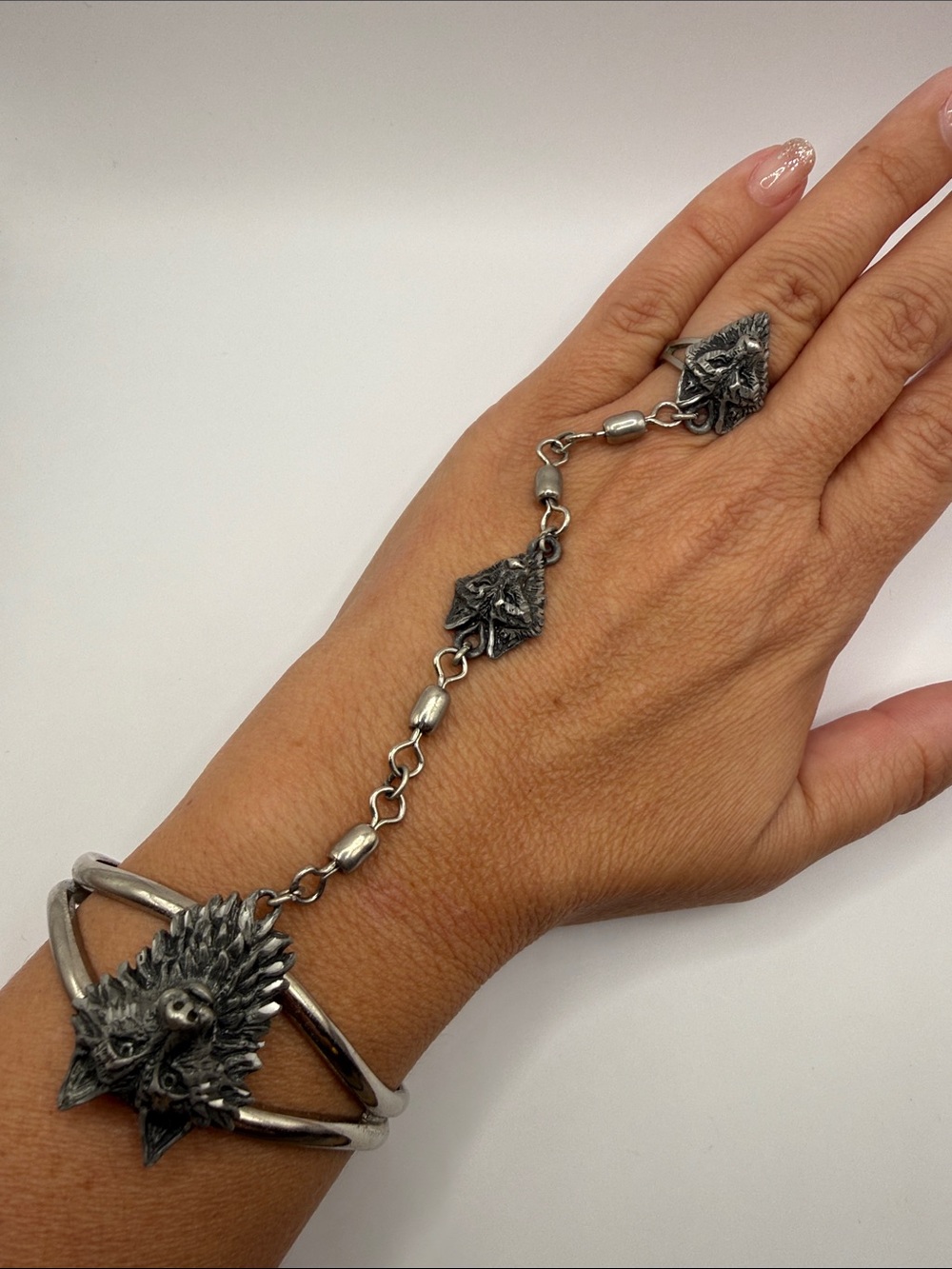 Vintage 1995 Silver Wolf Bracelet Slave Statement Ring 5.5 Set